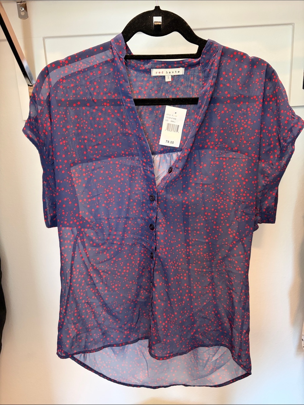 Red Haute Navy Sheer Button-Front Blouse with Red Star Print